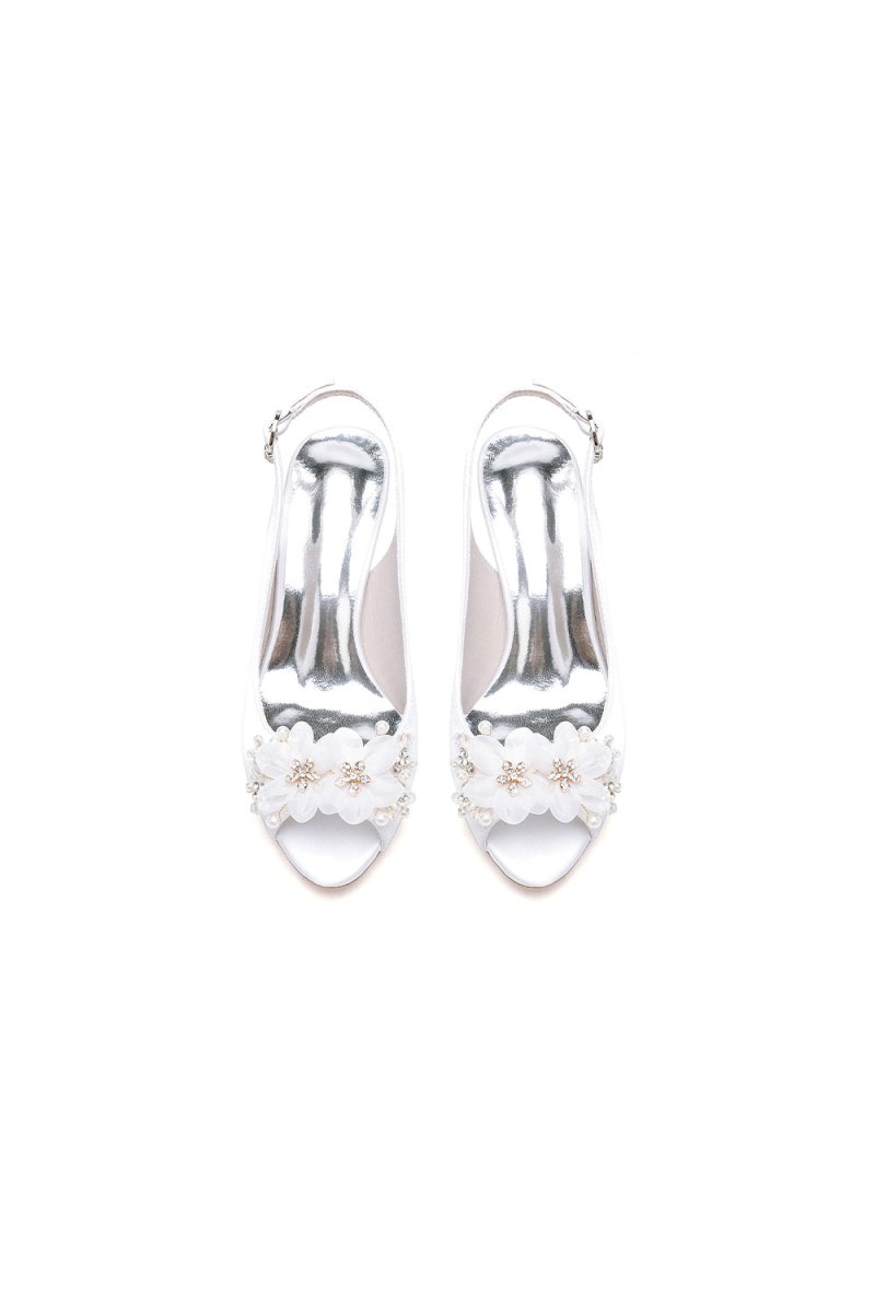 Peep Toe Slingback Beaded Chunky Wedding Shoes with Flowers