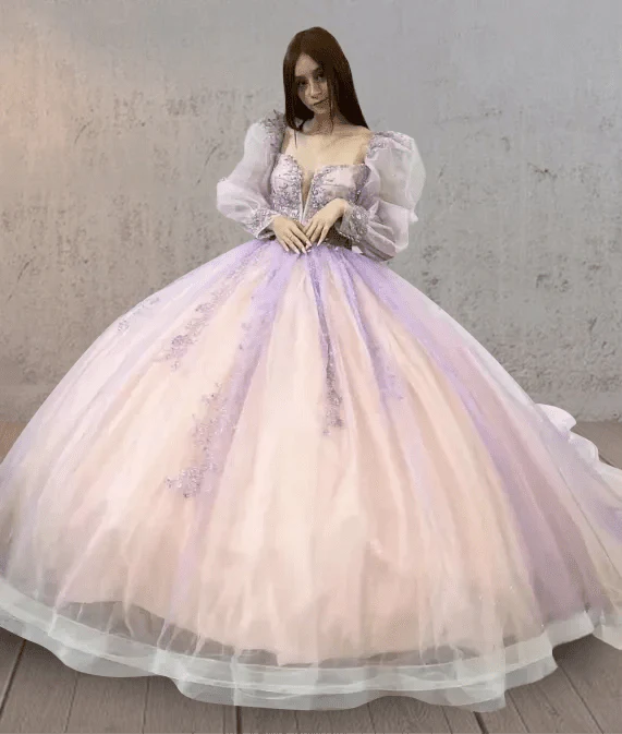 Pink Ball-Gown Tulle Long-Sleeve Quinceanera Dress