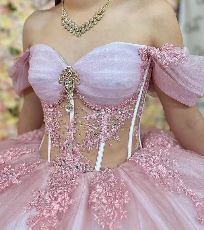 Pink Quinceanera Dresses Off The Shoulder with Appliques