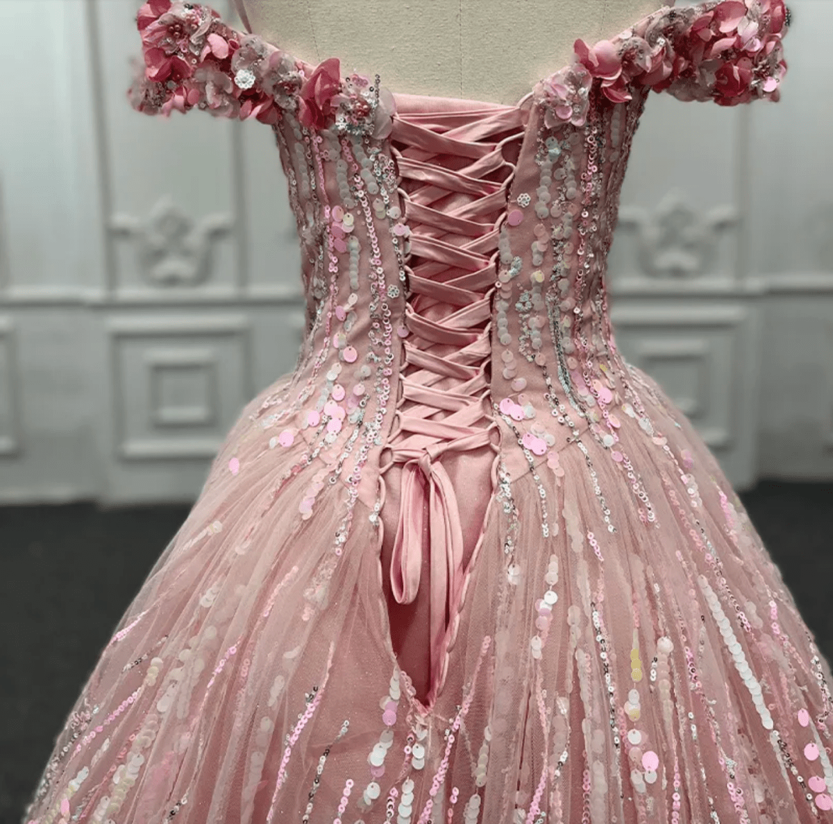 Pink Sequined Off the Shoulder Quinceañera Dress