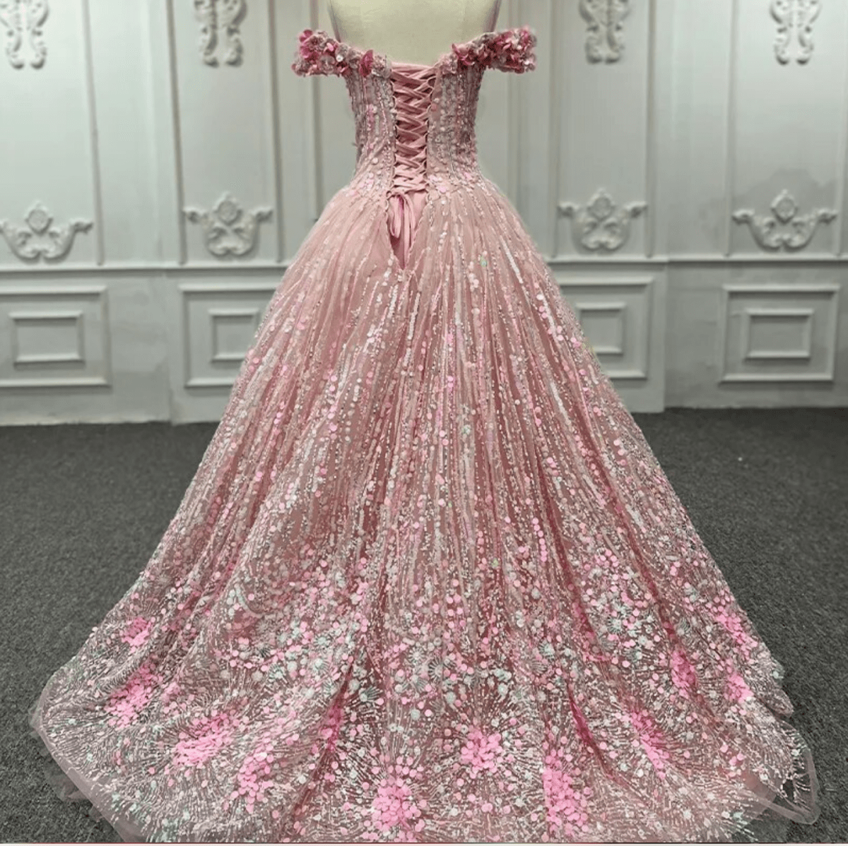 Pink Sequined Off the Shoulder Quinceañera Dress