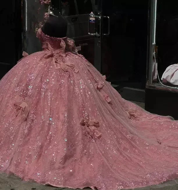 Pink Tulle Ball-Gown Off-the-Shoulder Quinceanera Dresses