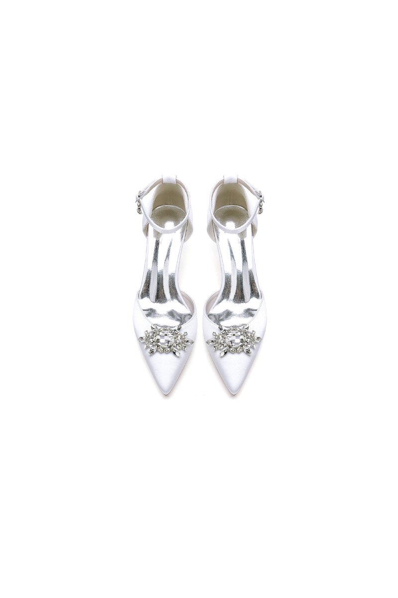 Pointed Toe Ankle Strap Chunky Heel With Rhinestone