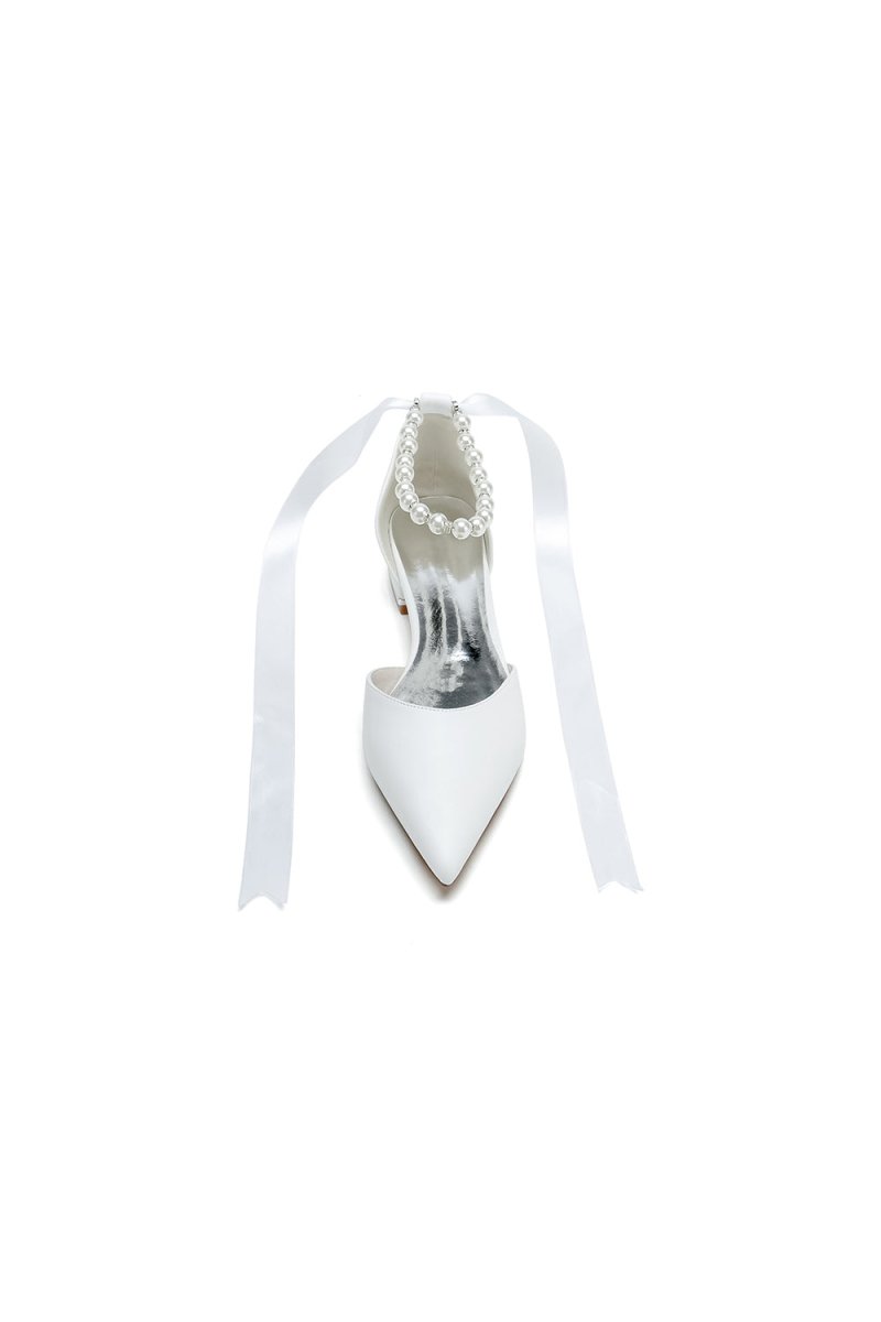 Pointed Toe Ankle Strap Pearl Beaded Ivory Ribbons Low Heels
