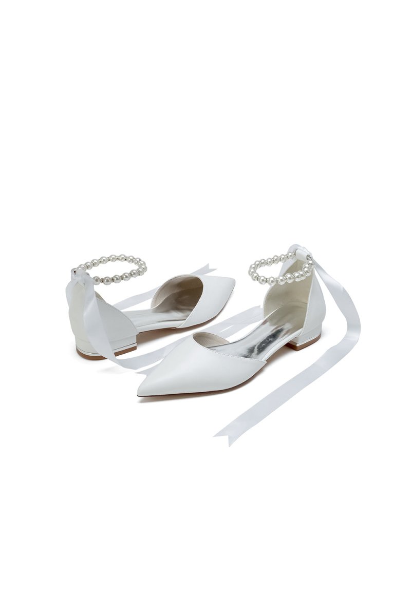 Pointed Toe Ankle Strap Pearl Beaded Ivory Ribbons Low Heels