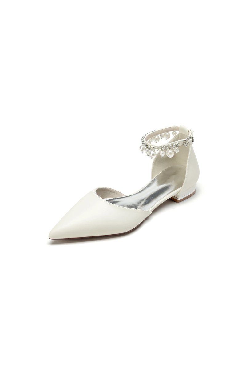Pointed Toe Ankle Strap Pearl Beaded Low Heels