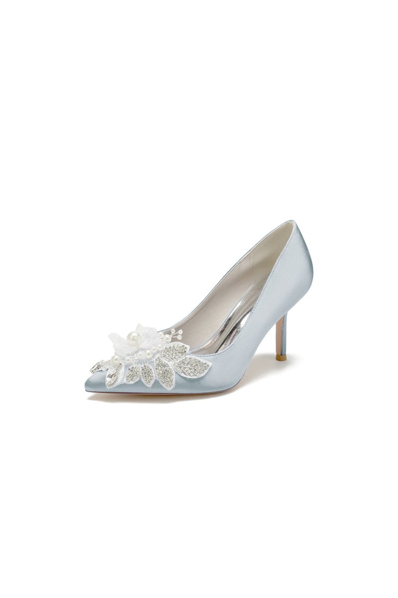 Pointed Toe Satin Bridal Heels with Crystal Flower