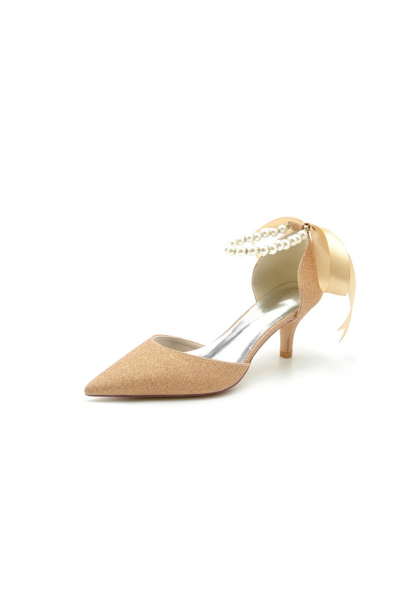 Pointed Toe Glitter Crystal Ribbons Faux Pearl Pumps