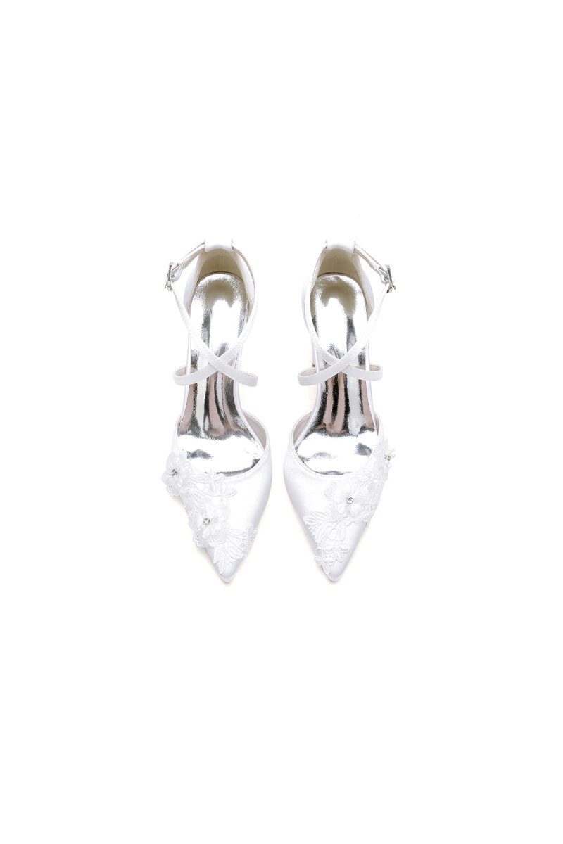 Pointed Toe Ivory Chunky Heels with Lace