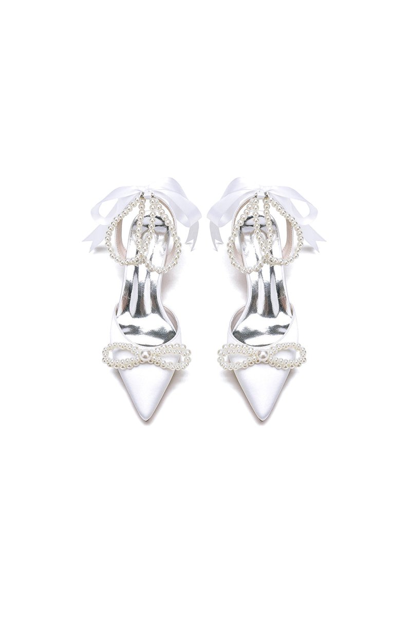 Pointed Toe Pearl Strap with Ribbon Tie