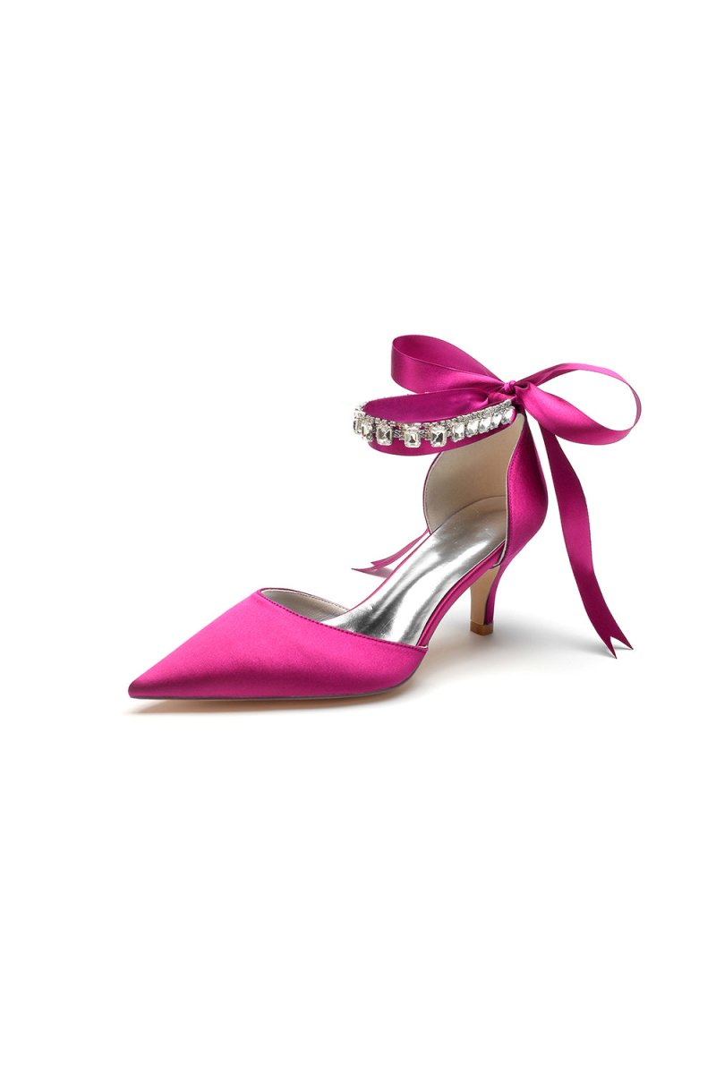 Pointed Toe Ribbons Kitten Heels With Diamond
