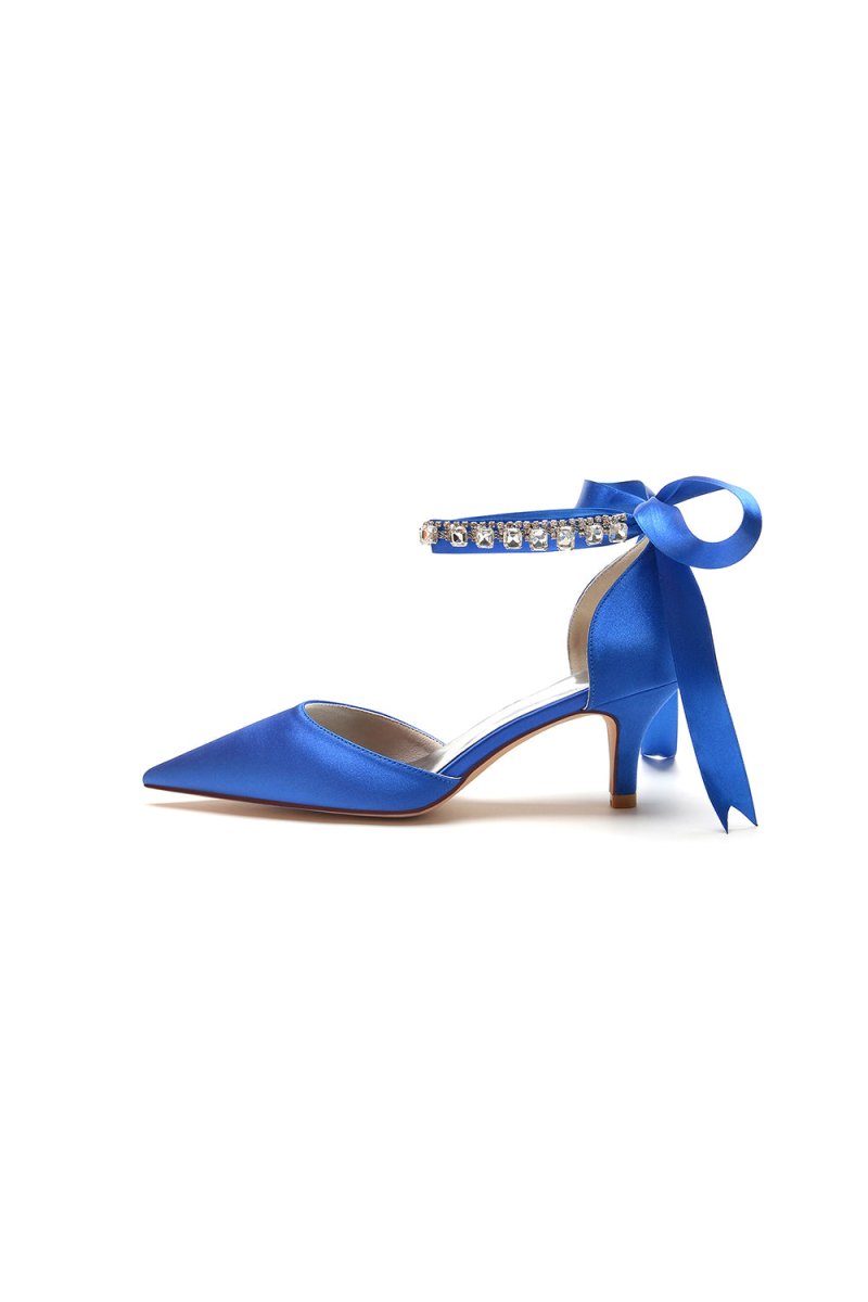 Pointed Toe Ribbons Kitten Heels With Diamond