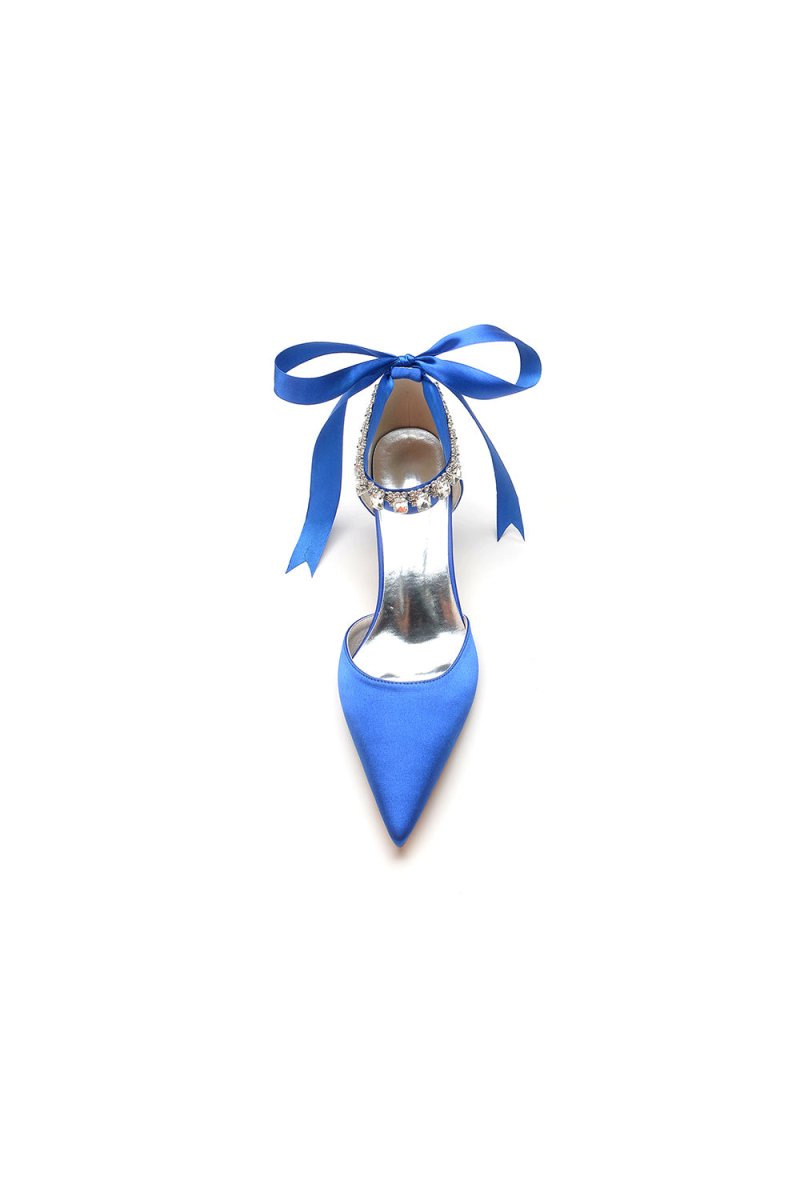 Pointed Toe Ribbons Kitten Heels With Diamond