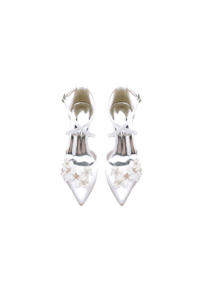 Pointed Toe White  Chunky Heels with Flower
