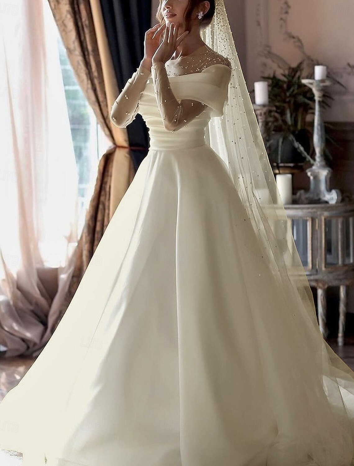 A-Line Illusion Neck Long Sleeve Floor Formal Wedding