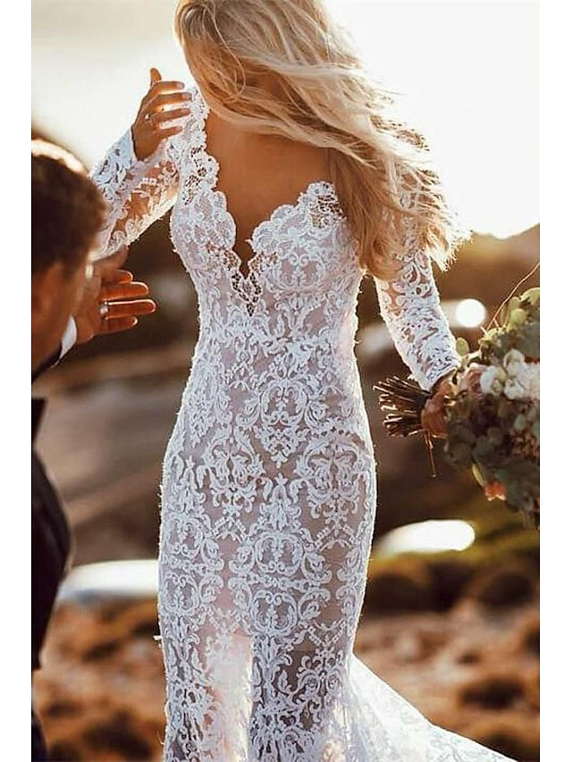 Mermaid V Neck Long Sleeve Court Train Lace Wedding Dresses