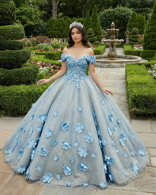 Quinceanera Blue  Off-the-Shoulder  Ball Gown Flower Dress