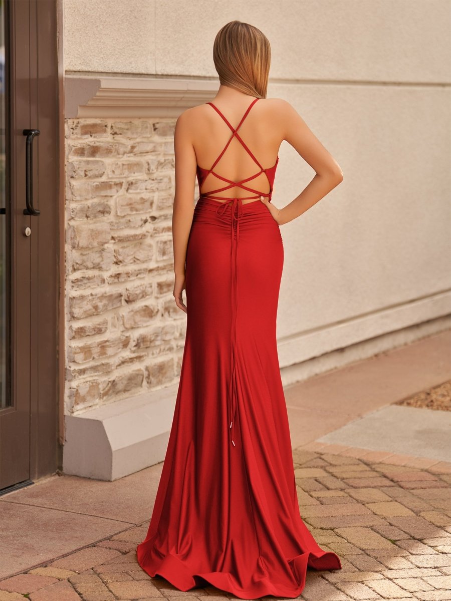Mermaid Spaghetti Straps Satin Prom Dress with Slit