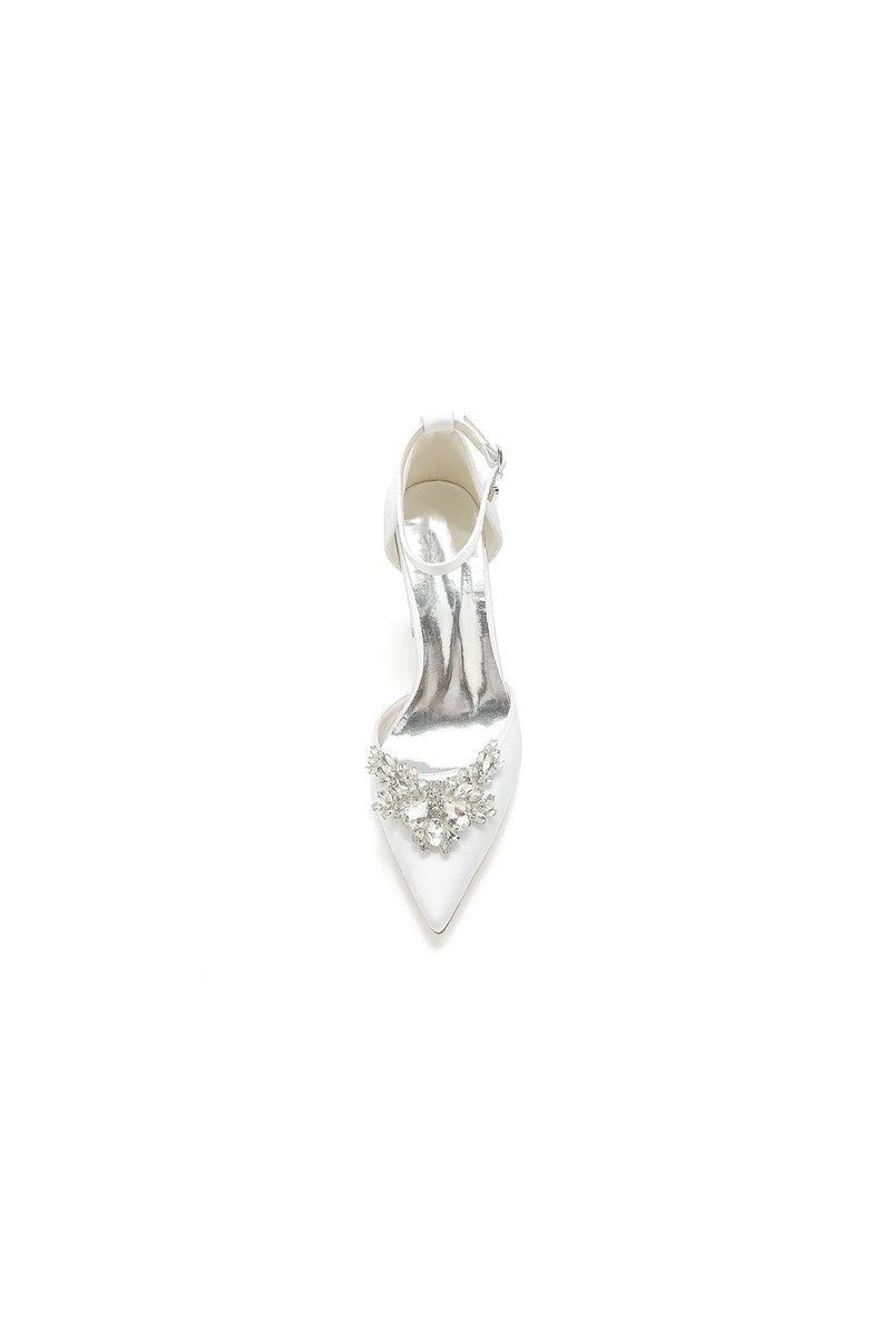 Rhinestone Pointed Toe Ankle Strap Satin Chunky Heel
