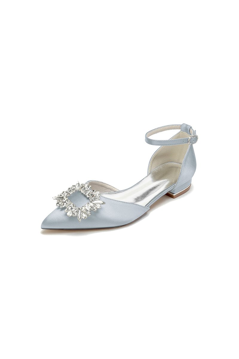 Rhinestone Pointed Toe Ankle Strap Satin Kitten Heels