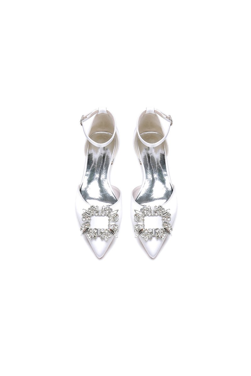 Rhinestone Pointed Toe Ankle Strap Satin Kitten Heels