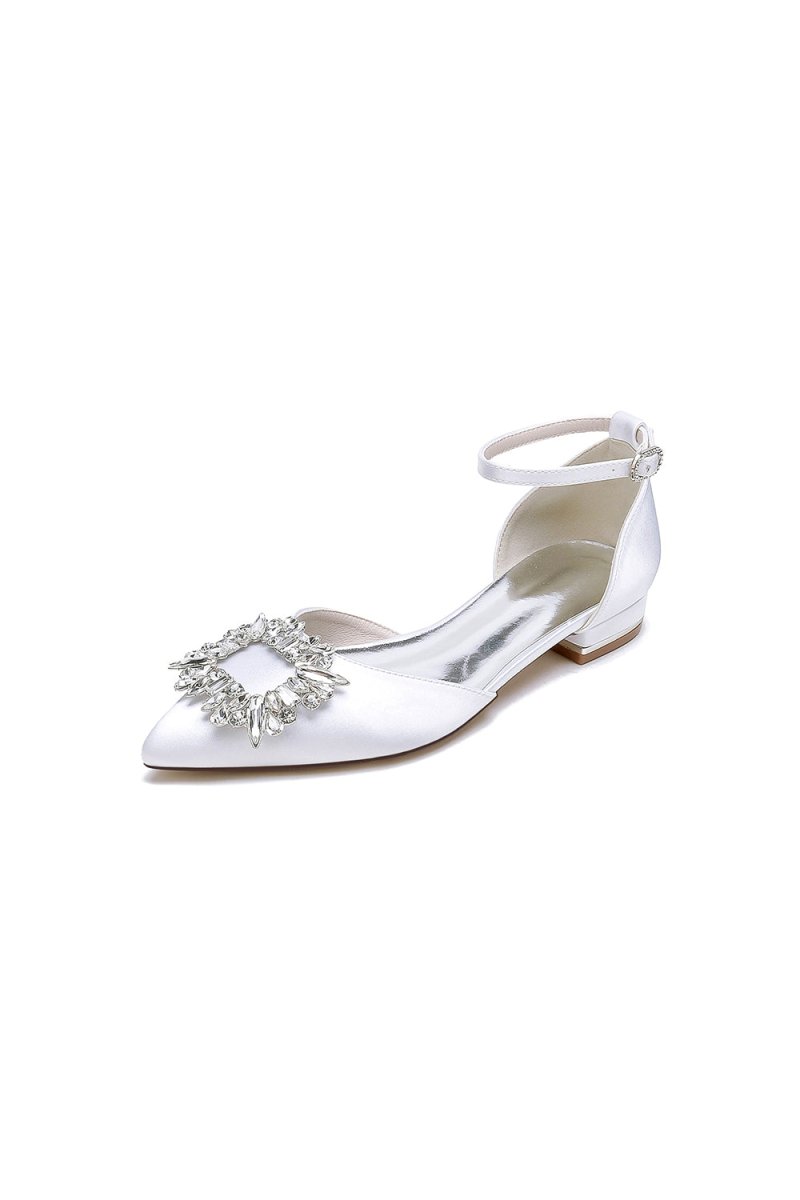 Rhinestone Pointed Toe Ankle Strap Satin Kitten Heels