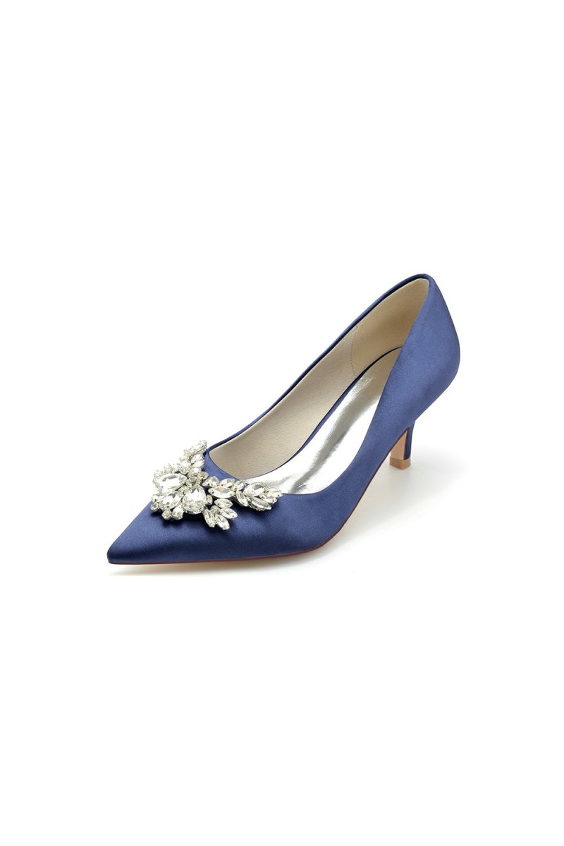 Rhinestone Pointed Toe Satin Kitten Heels