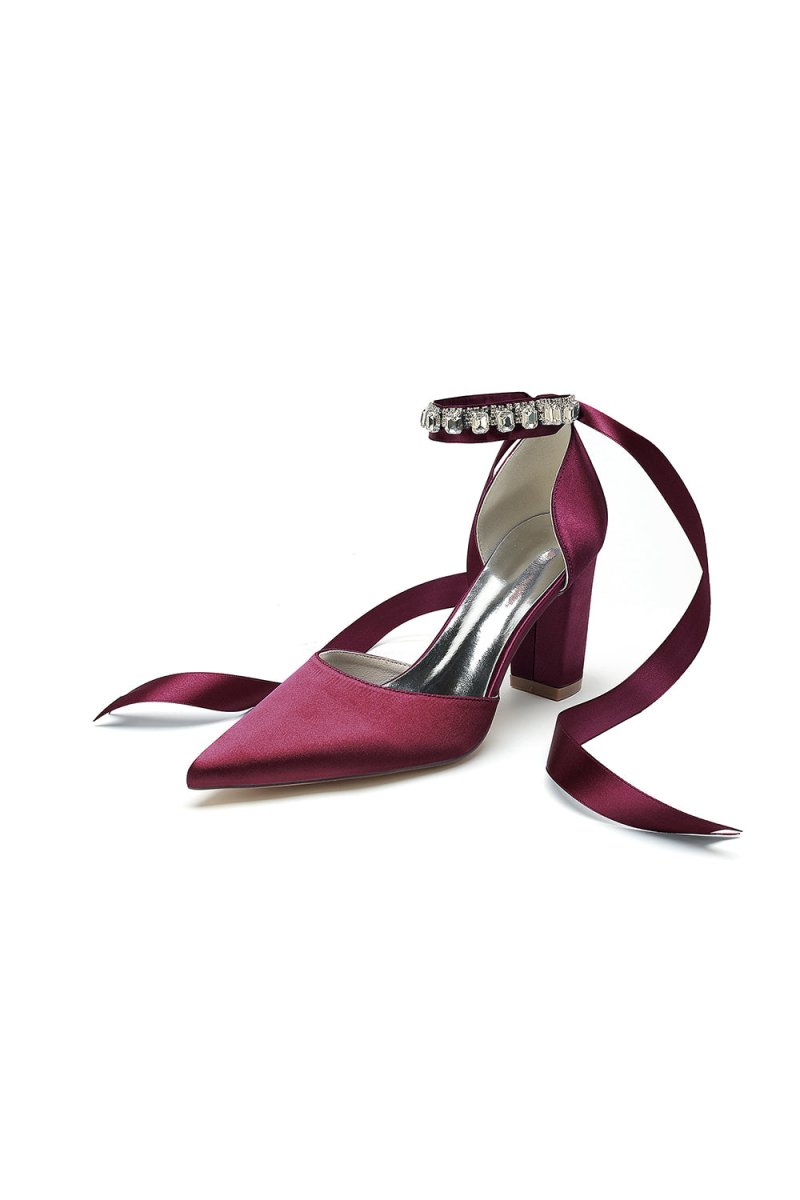 Rhinestone Ribbon Pointed Toe Ankle Strap Chunky Heel