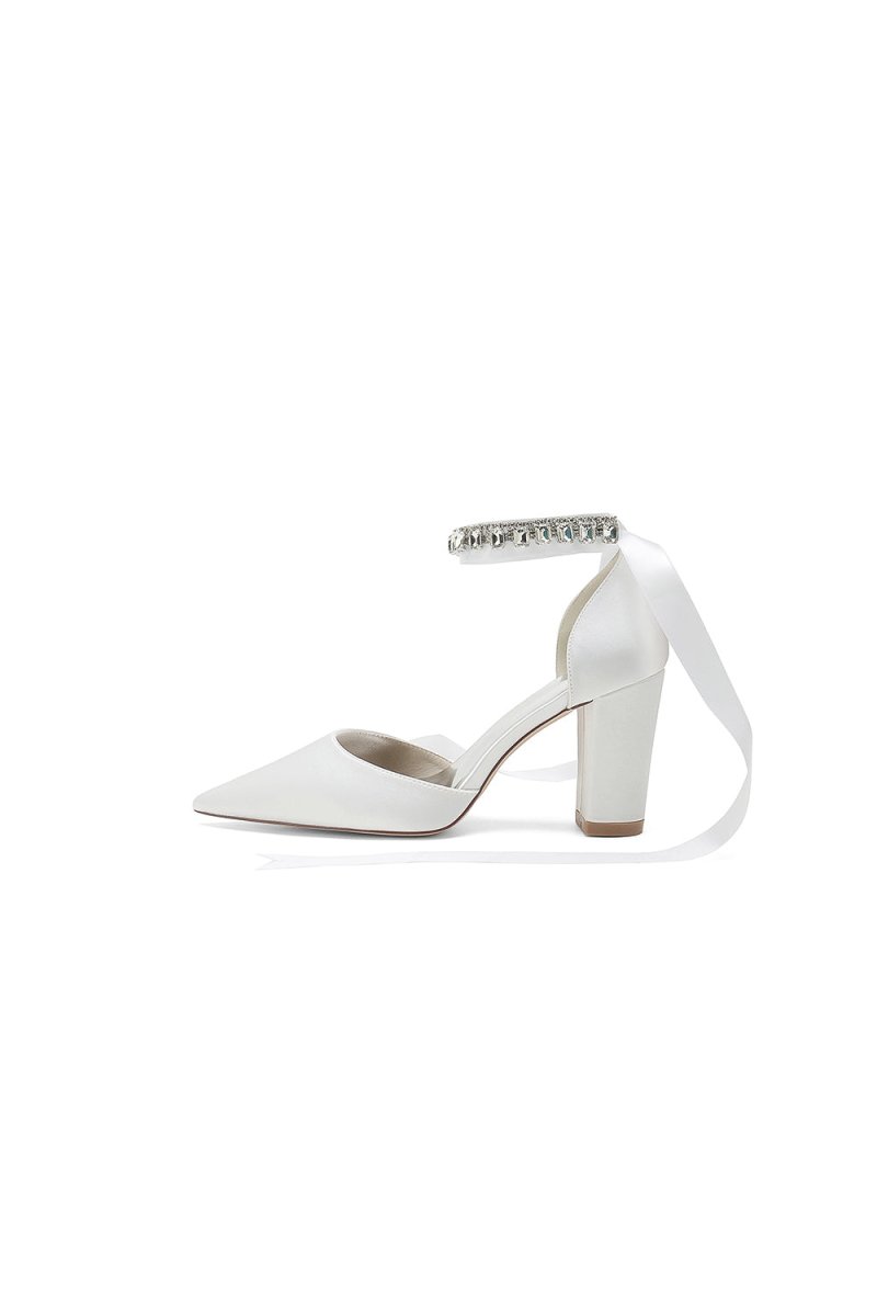 Rhinestone Ribbon Pointed Toe Ankle Strap Chunky Heel