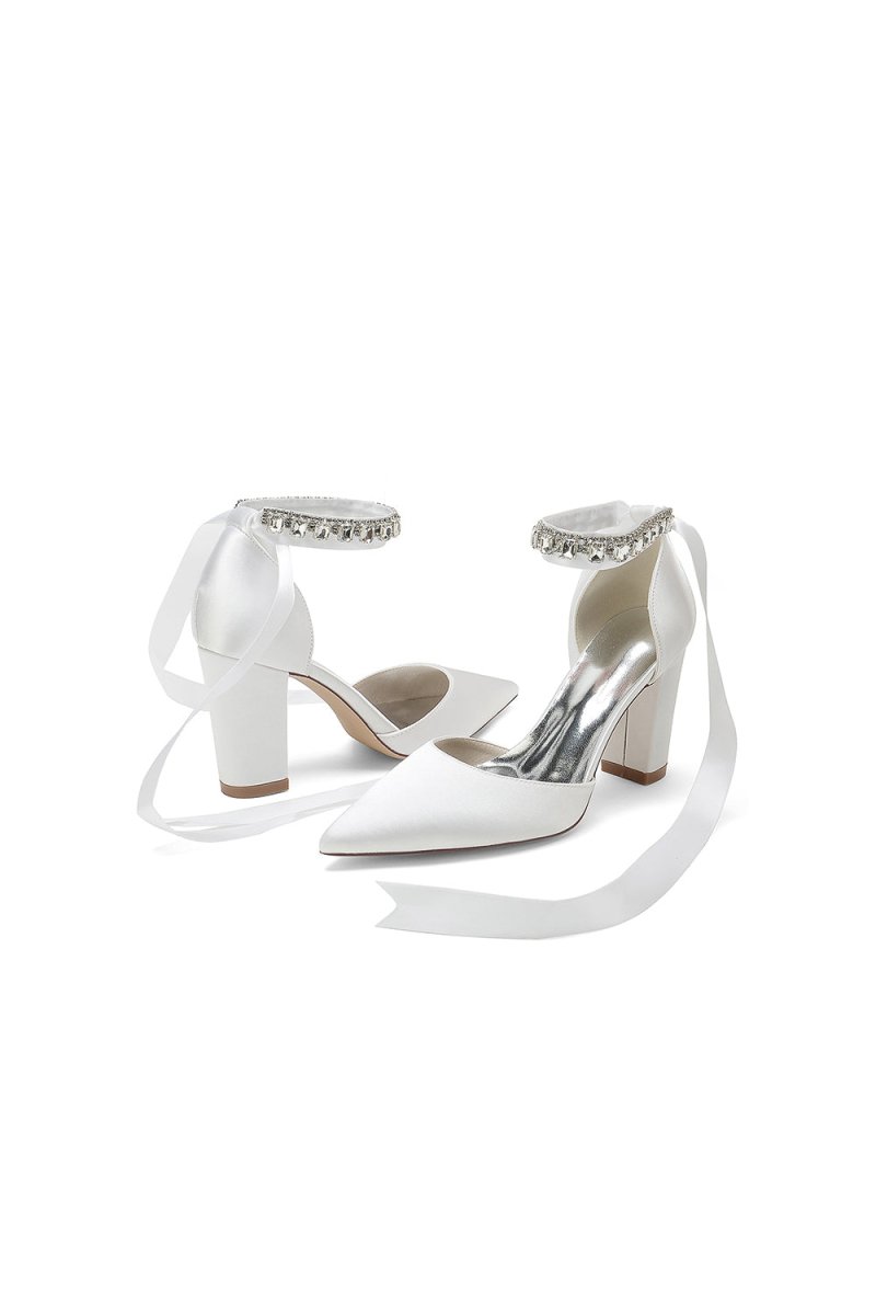 Rhinestone Ribbon Pointed Toe Ankle Strap Chunky Heel