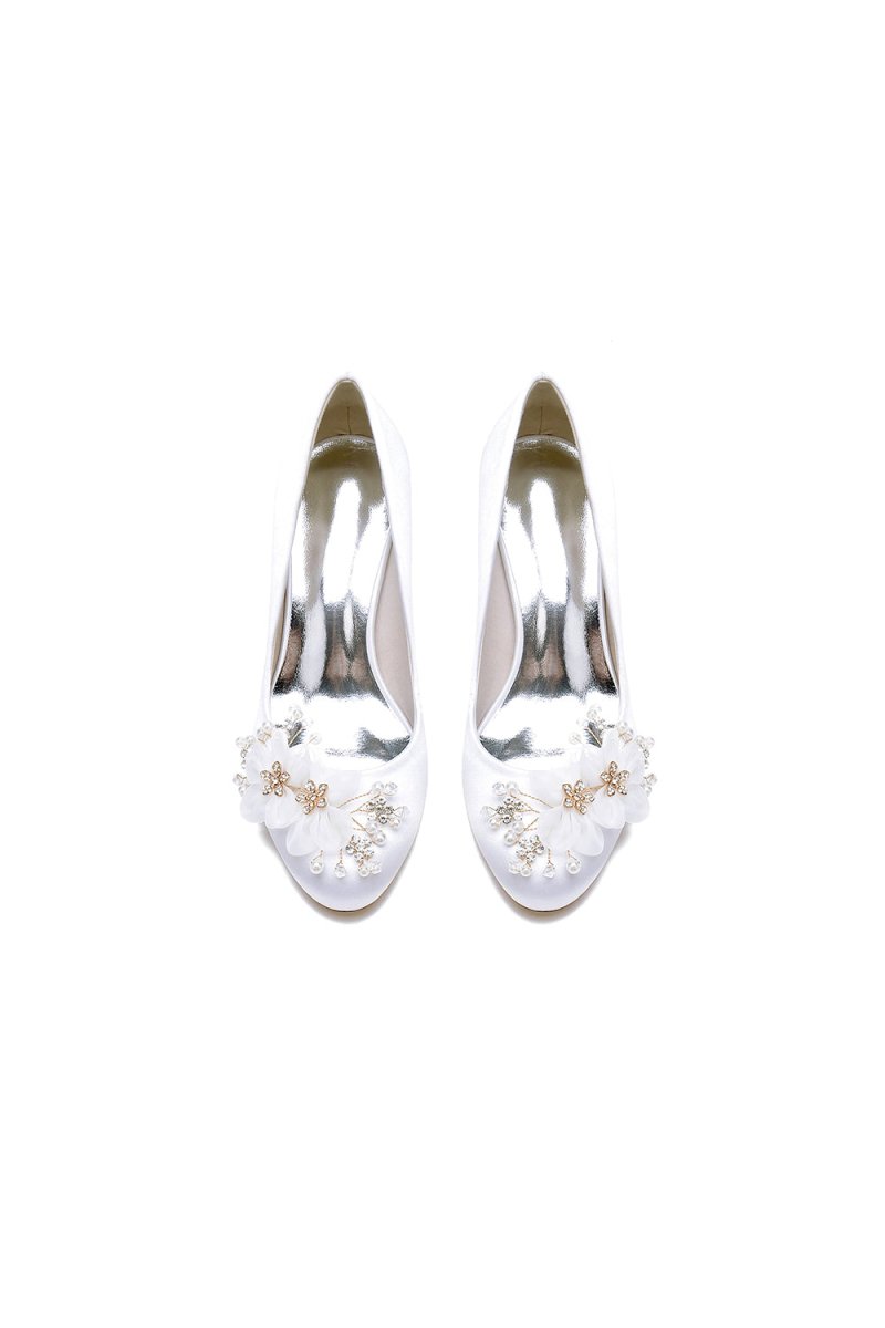 Rhinestone White Chunky Heels with Flower
