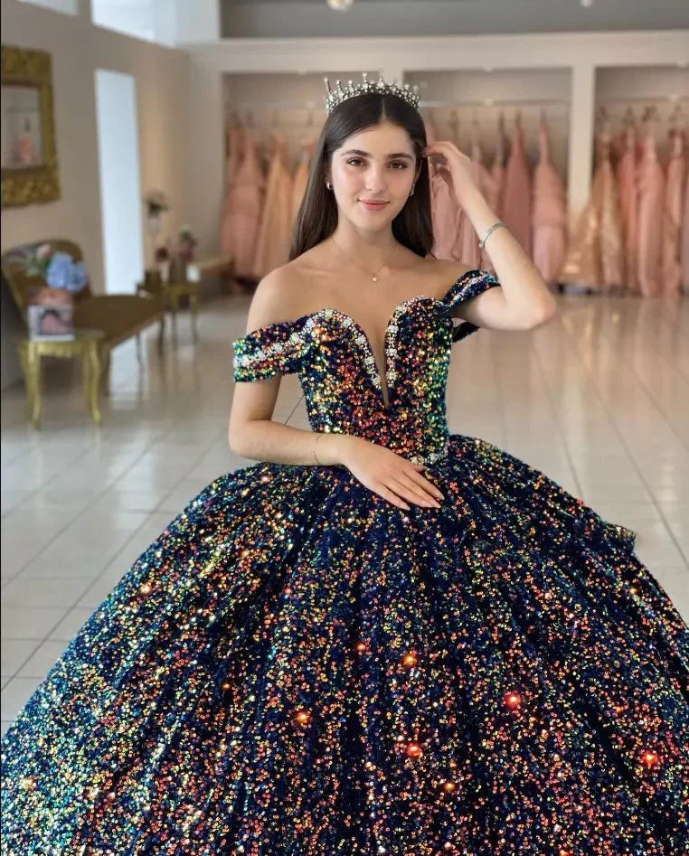 Sequined Ball-Gown Off Shoulder Beaded Velvet Quinceanera Dresses