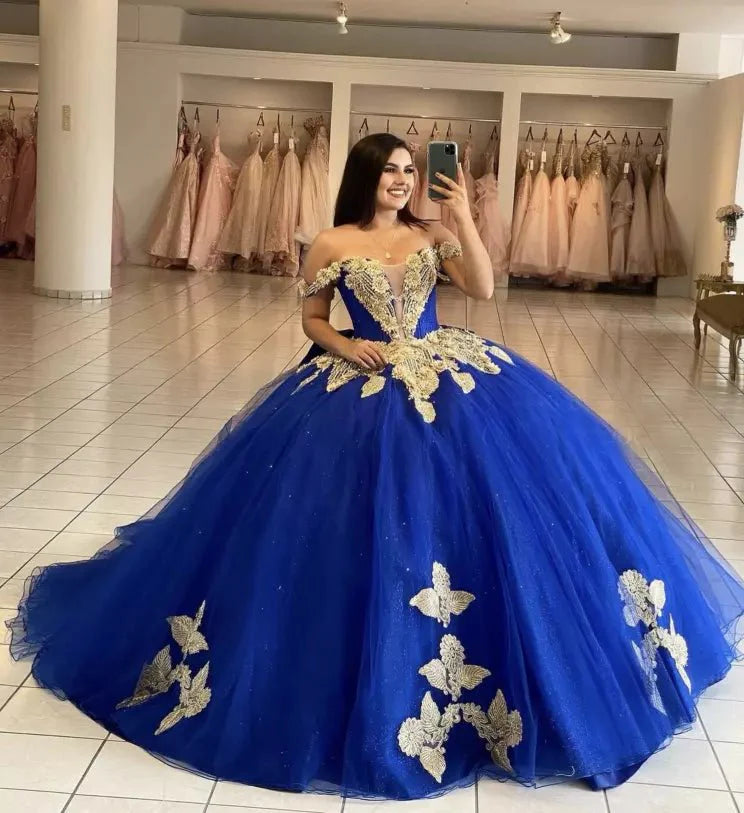 Royal Blue Off the Shoulder Quinceanera Dresses with Appliques