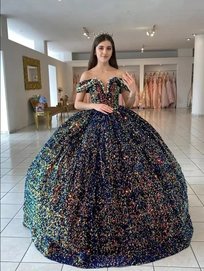 Sequined Ball-Gown Off Shoulder Beaded Velvet Quinceanera Dresses