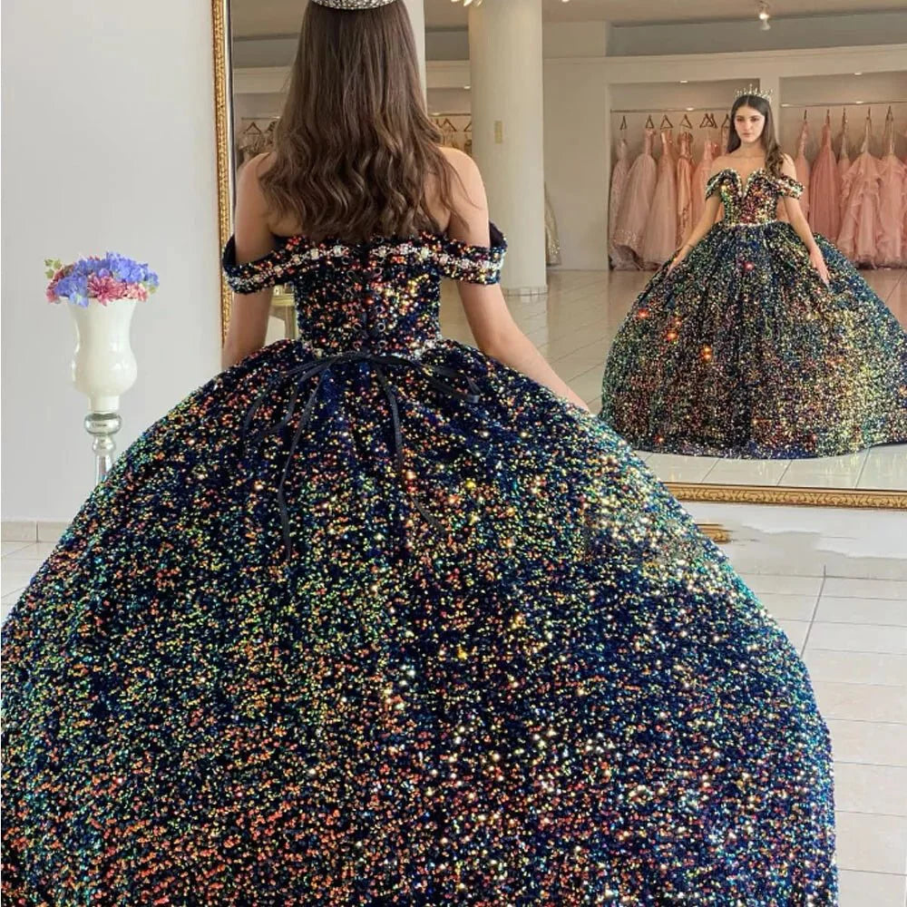 Sequined Ball-Gown Off Shoulder Beaded Velvet Quinceanera Dresses