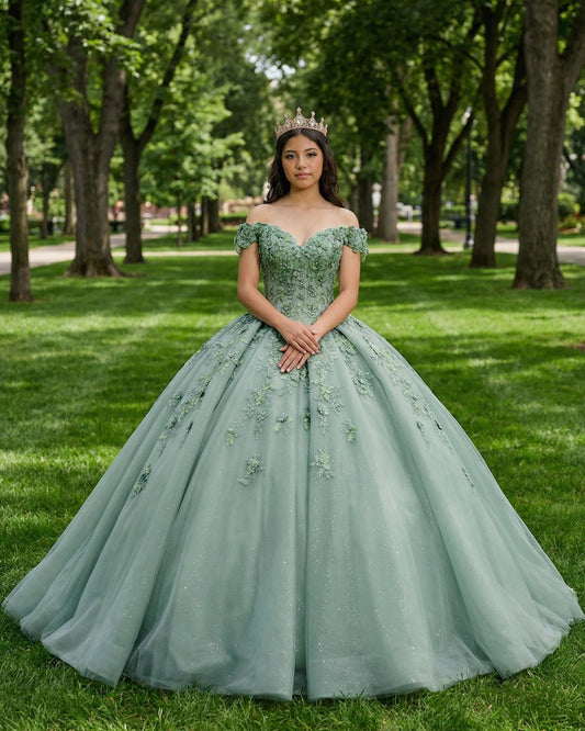 Sage Green Ball-Gown Off-the-Shoulder Quinceanera Dresses