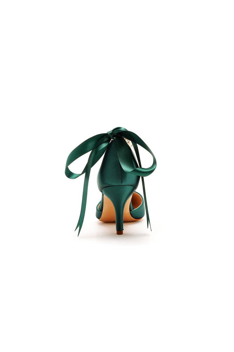 Satin Pearl Ribbon Tie Pointed Toe Ankle Strap High Heels