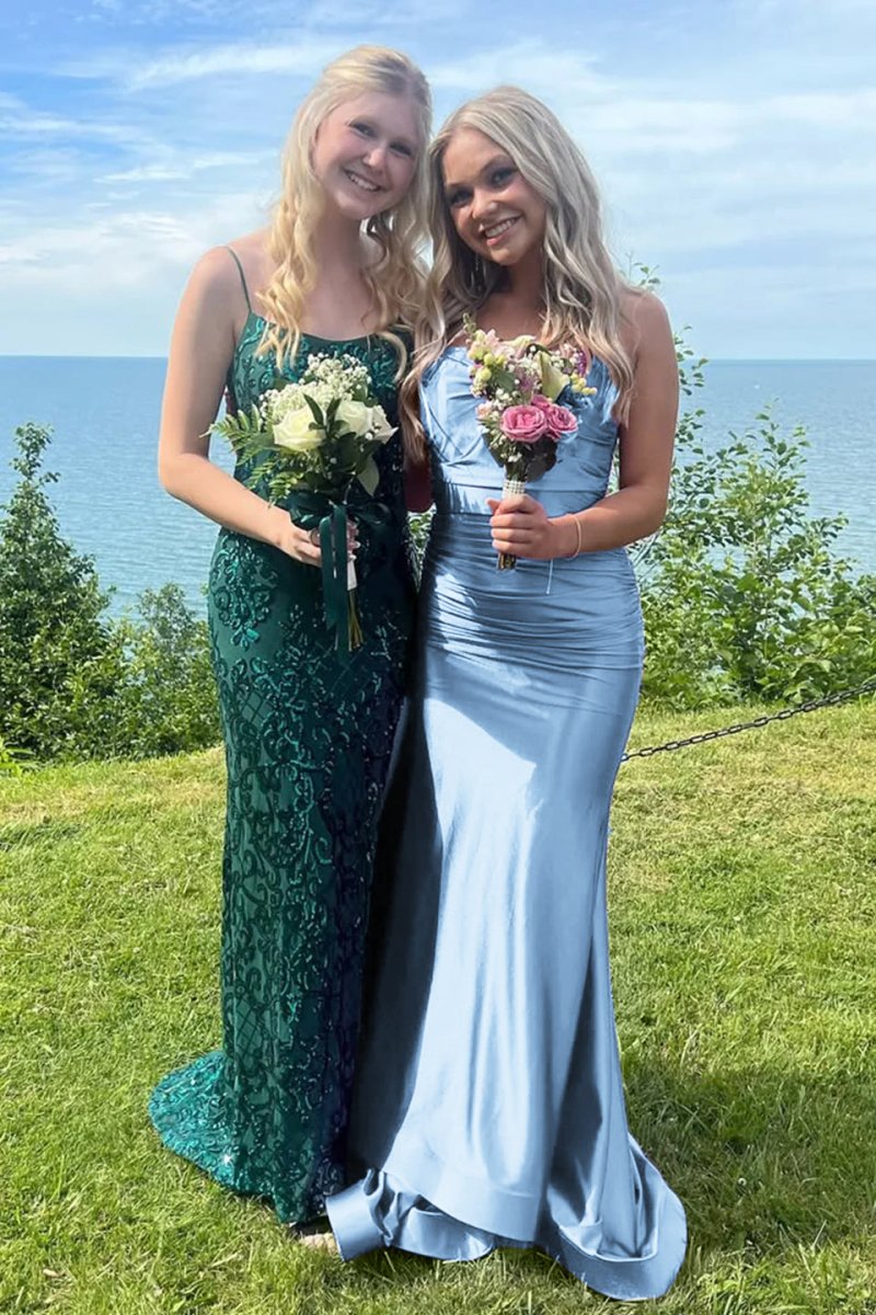 Mermaid V-Neck Satin Formal Dress with Lace-Up Back