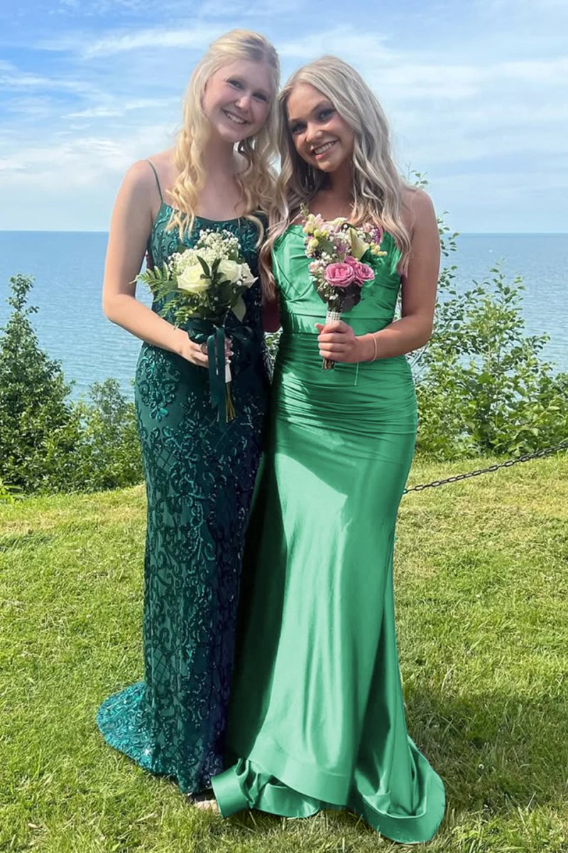 Mermaid V-Neck Satin Formal Dress with Lace-Up Back
