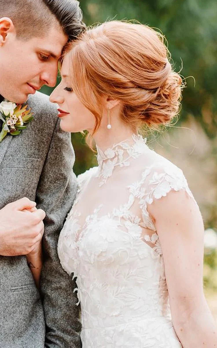 Sheath Ethereal Bell Sleeve Garden Wedding Dress Jewel High Neck Tulle Gown for Bridal