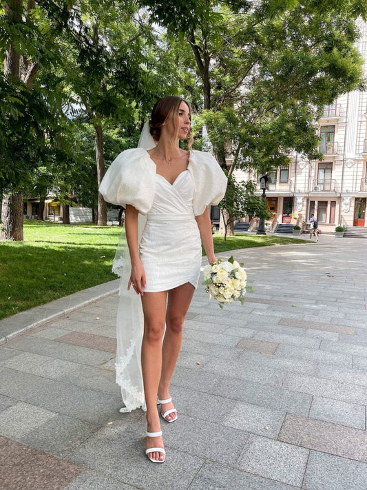 Sheath White Puff Sleeves Short V-Neck Wedding Dress
