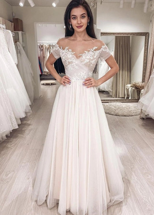 Short Sleeves Illusion Neckline A-line Lace Appliques Covered-Button Wedding Dresses