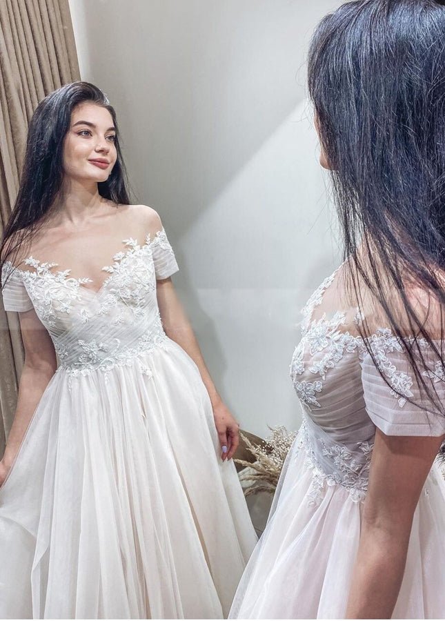 Short Sleeves Illusion Neckline A-line Lace Appliques Covered-Button Wedding Dresses