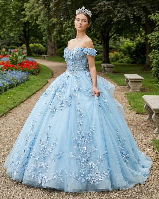 Sky Blue Lace Princess Appliqued Quinceanera Dress