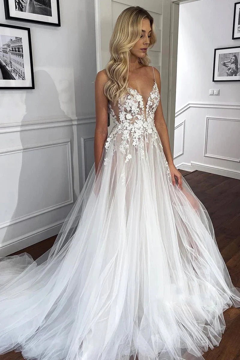 Spaghetti Straps V-Neck Lace Appliques A-line Tulle Rustic Wedding Dress