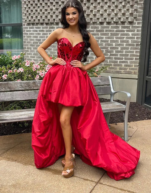 Sparkly Red Sweetheart Mirror High-Low Homecoming Dress
