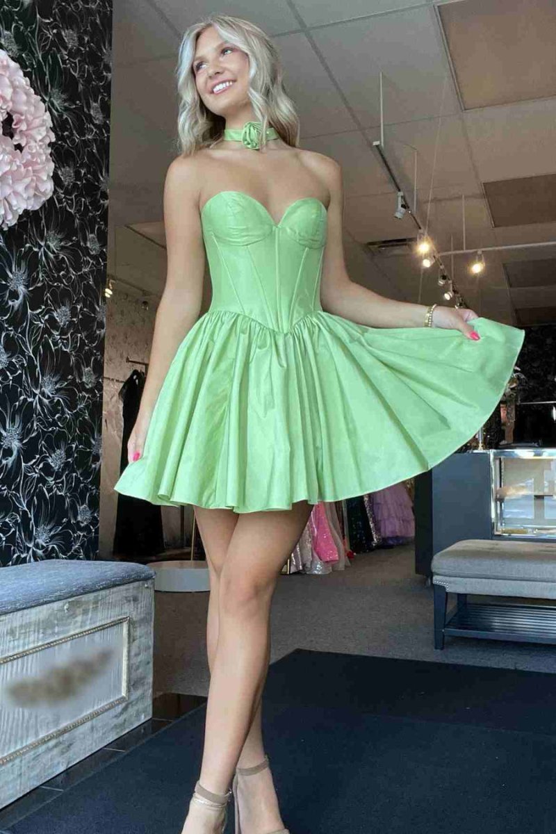 Sage Green Strapless Taffeta Short Homecoming Dresses