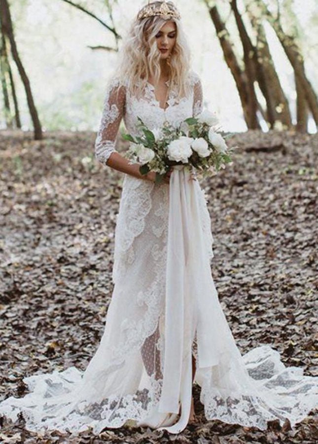 Tulle A-Line Lace Appliques 3/4-Sleeve V-Neck Romantic Bridal Wedding Gowns