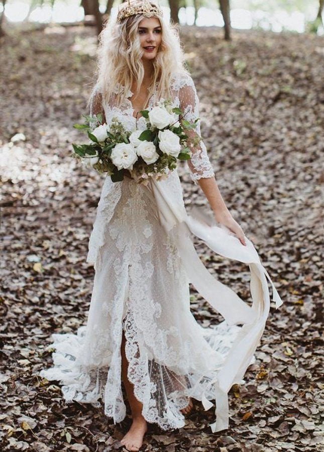 Tulle A-Line Lace Appliques 3/4-Sleeve V-Neck Romantic Bridal Wedding Gowns