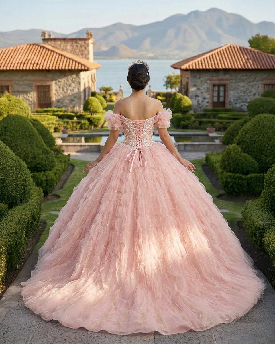 Tulle Tufted Pink Floral Quinceañera Ball Gown Dress
